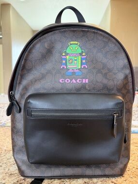 Coach Brown Signature Canvas Backpack with Black Leather Front & Colorful Robot